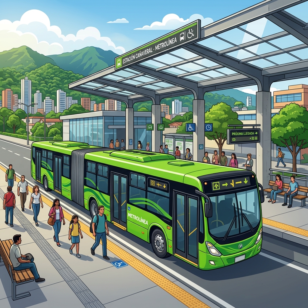 Autobús alimentador/articulado verde de Metrolínea en una estación